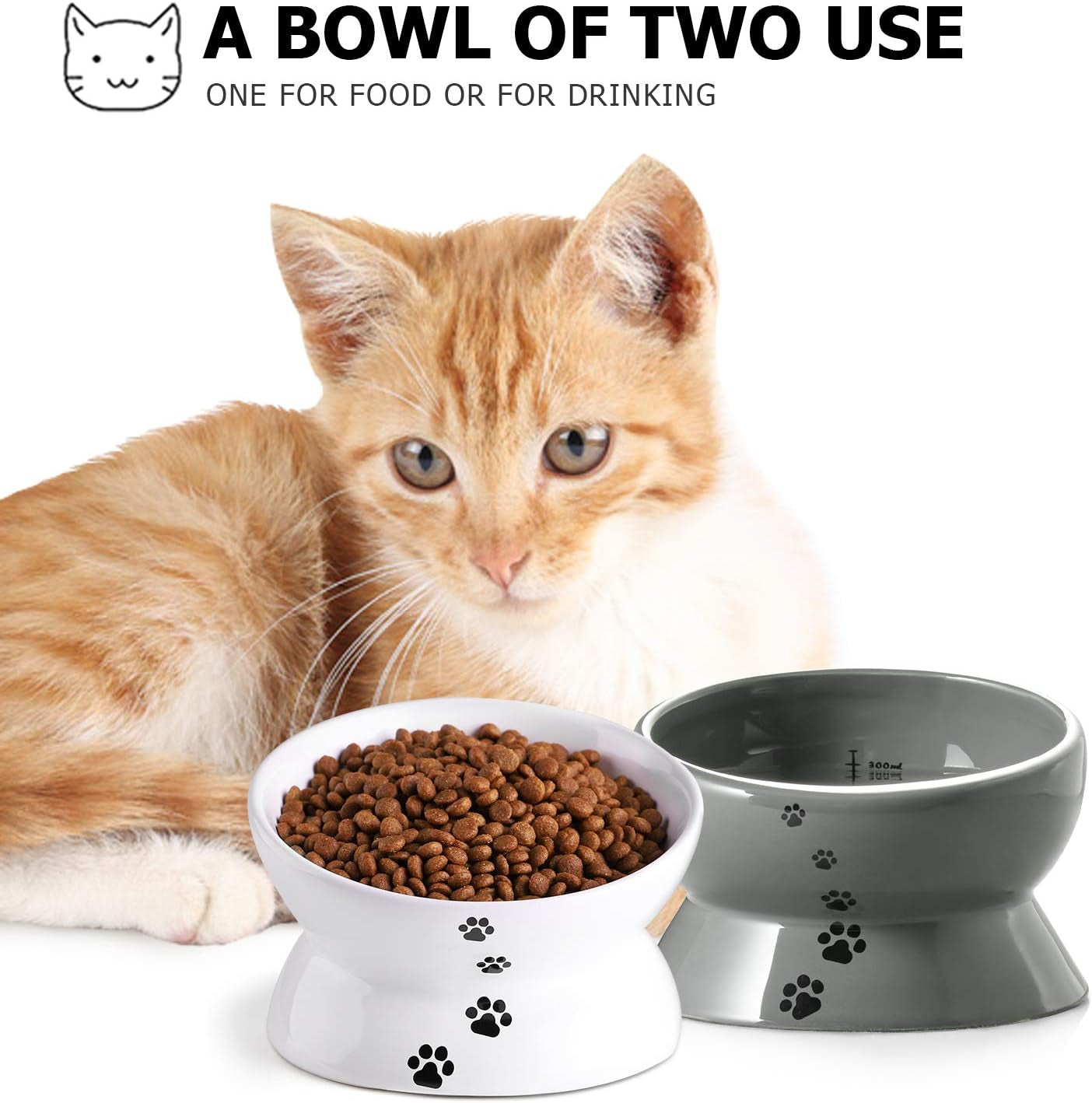 Elevated Cat Food Bowl, Raised Pet Food and Water Bowl, Ceramic, 15Oz
