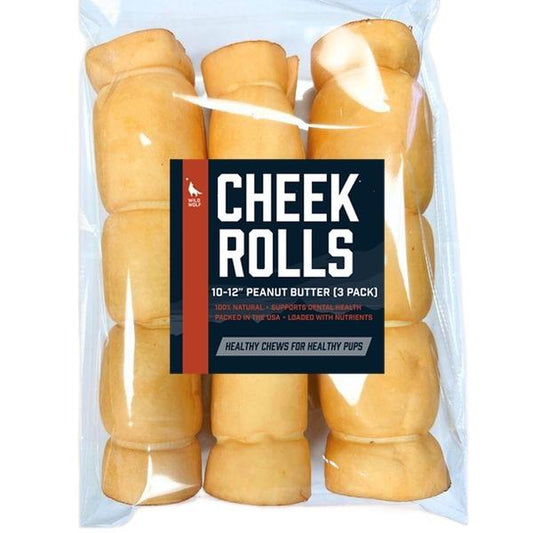 10-12” Peanut Butter Collagen Cheek Rolls (3 Pack) 100% Natural and Extra-Thick - Single-Ingredient - Long-Lasting for Big Dogs and Aggressive Chewers