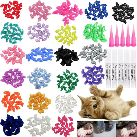 Cat Nail Caps and Covers with Glue and Applicators - 100 Pieces in 5 Colors for Extra Small/Kitten Sizes